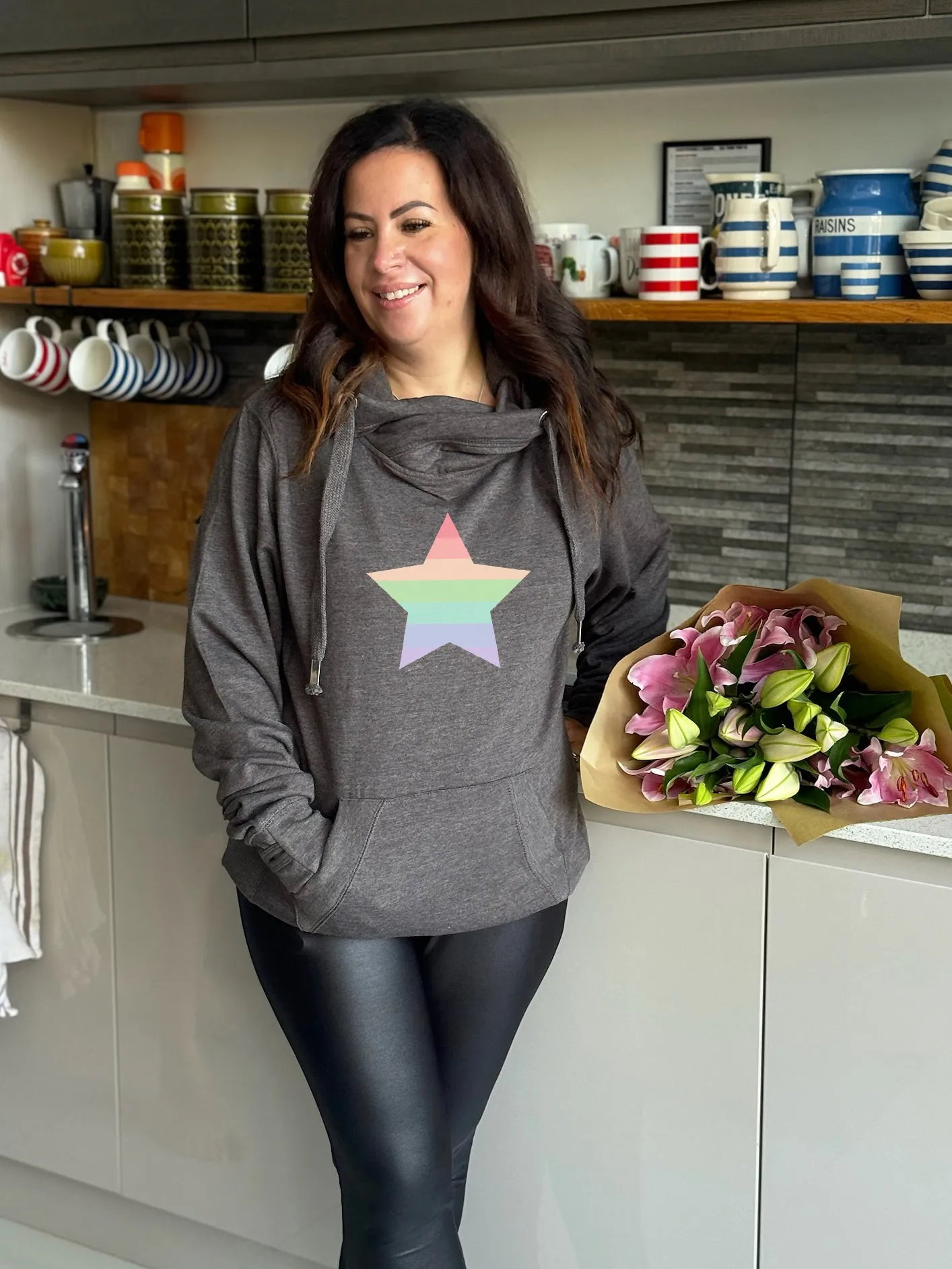 Pastel Rainbow 'Star' Luxe Christmas Hoodie - Charcoal