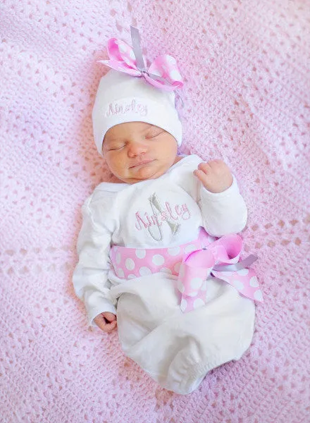 Personalized Coming Home Oufit, Girls Take Home From Hospital Outfit, Layette Gown, or one piece, Hat and teething ring Set,
