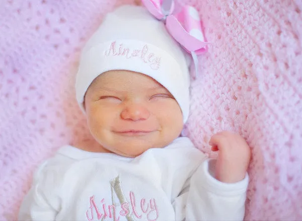 Personalized Coming Home Oufit, Girls Take Home From Hospital Outfit, Layette Gown, or one piece, Hat and teething ring Set,