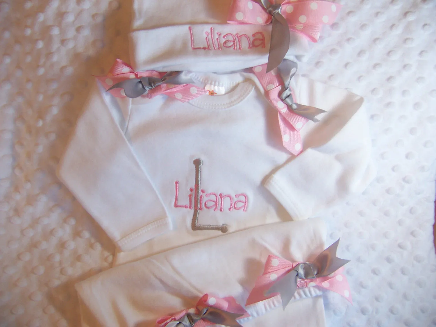 Personalized Coming Home Oufit, Take Home From Hospital set, Layette Gown, or one piece, leg warmers and Hat Set, Girls Take Home Outfit,