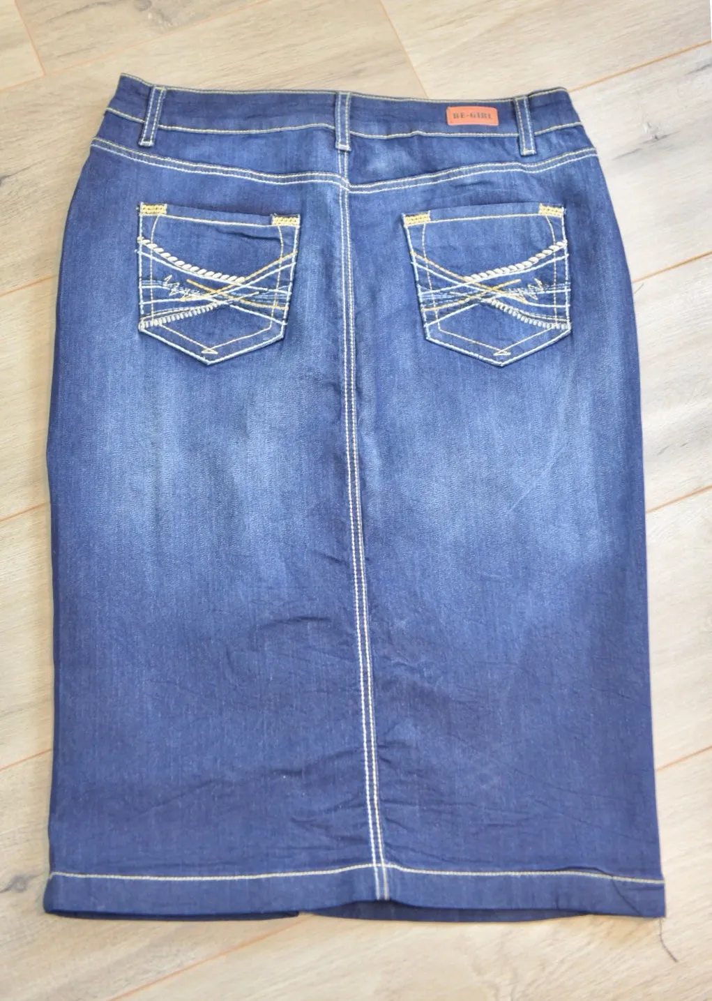 "Ella" Vintage Dark Indigo Calf Length Pencil Skirt With Embroidered Pocket