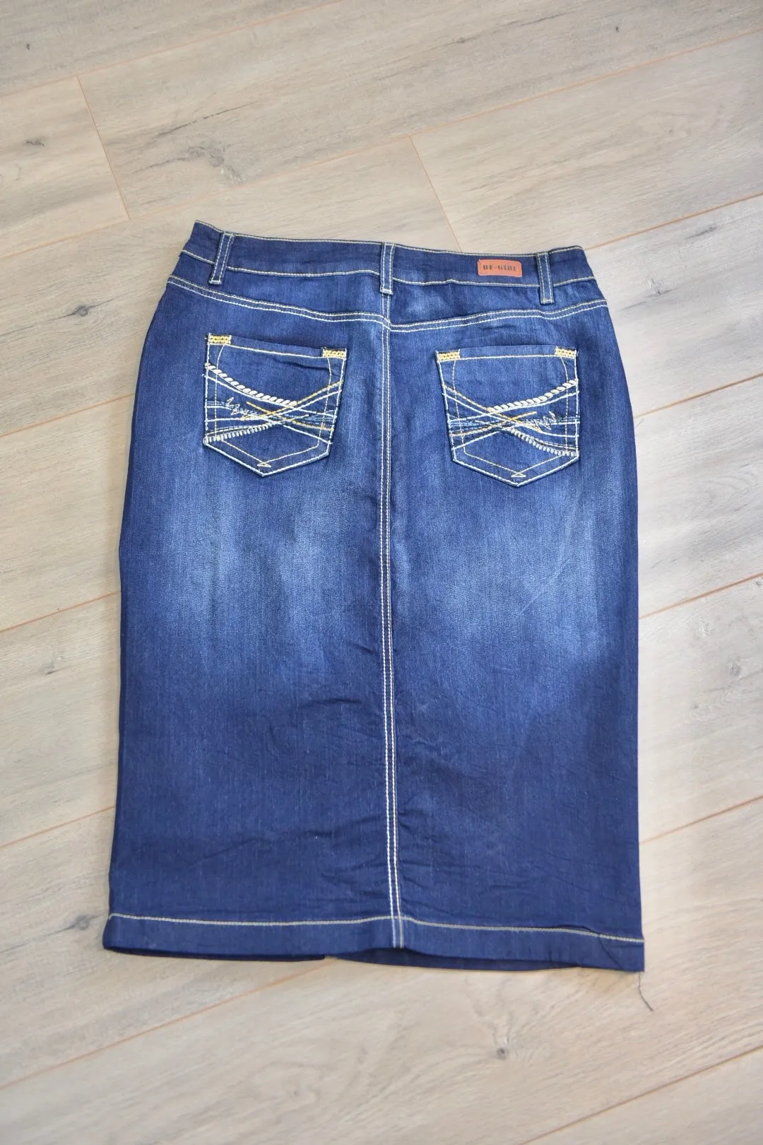 "Ella" Vintage Dark Indigo Calf Length Pencil Skirt With Embroidered Pocket