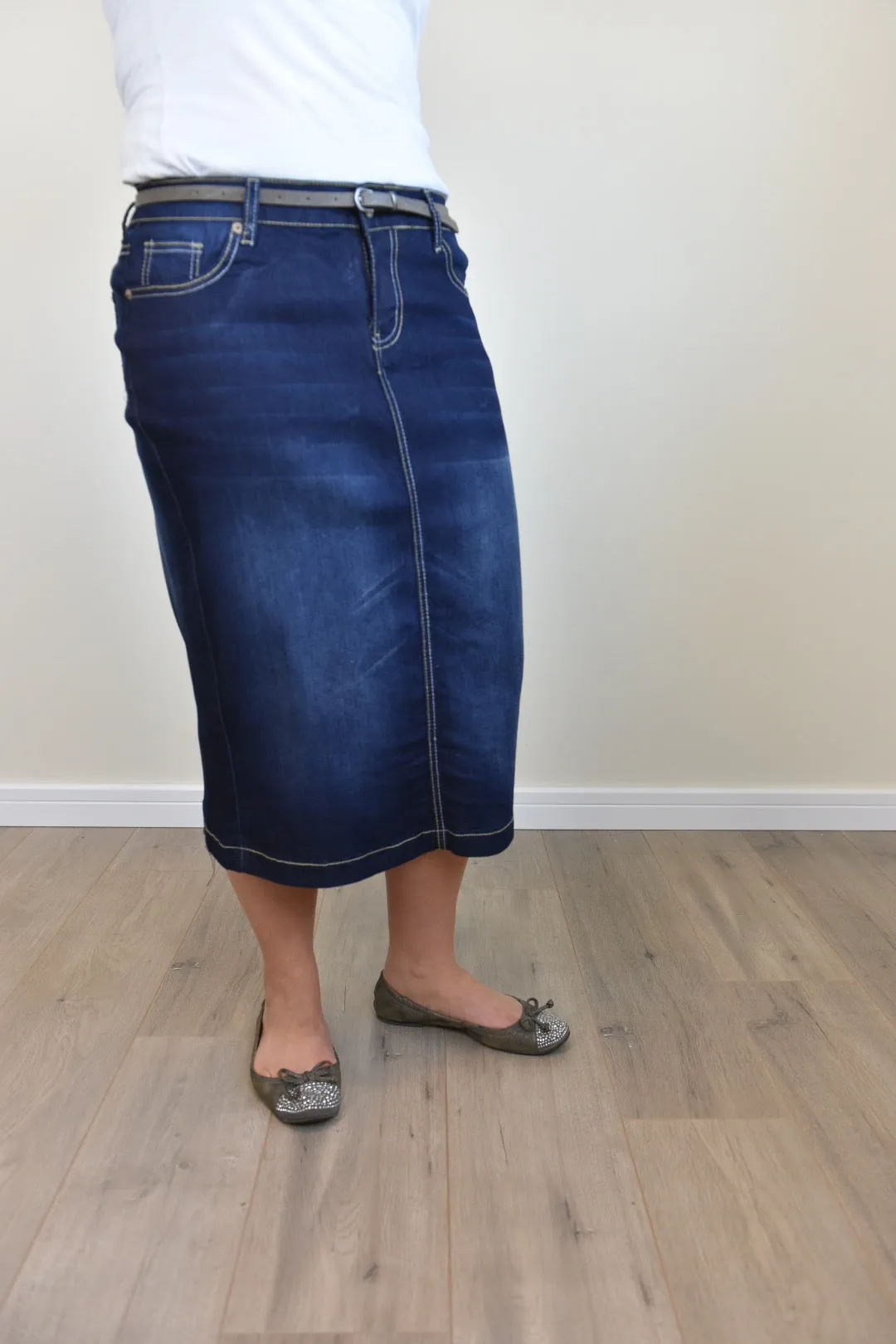 "Ella" Vintage Dark Indigo Calf Length Pencil Skirt With Embroidered Pocket