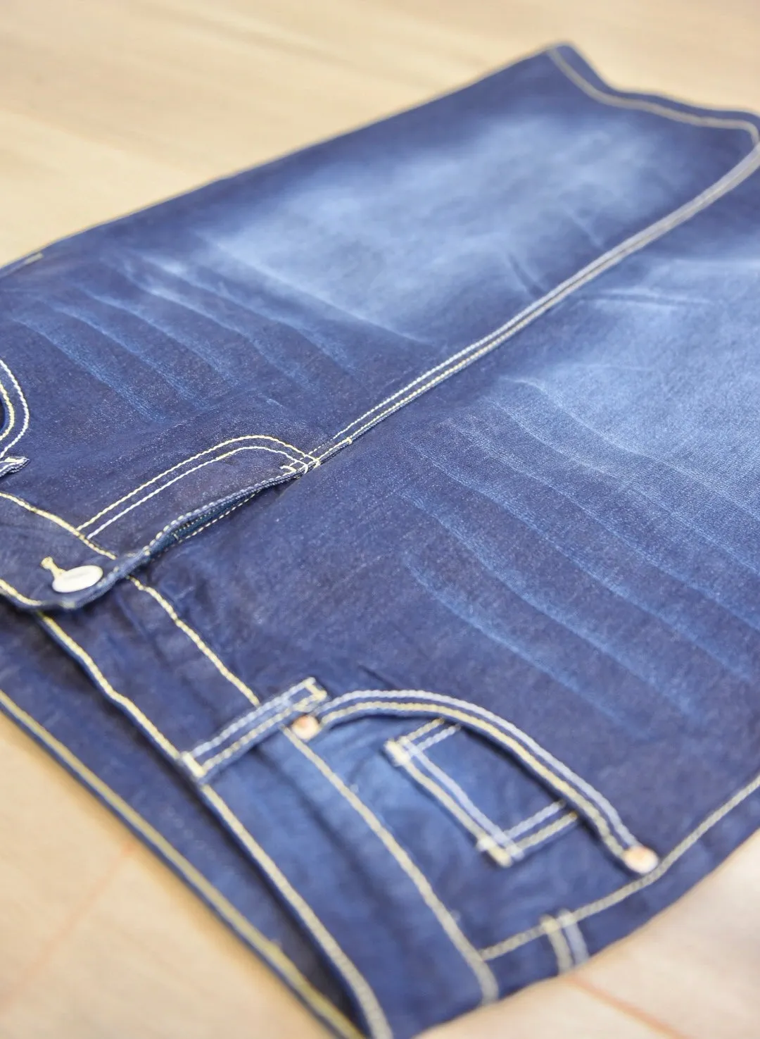 "Ella" Vintage Dark Indigo Calf Length Pencil Skirt With Embroidered Pocket