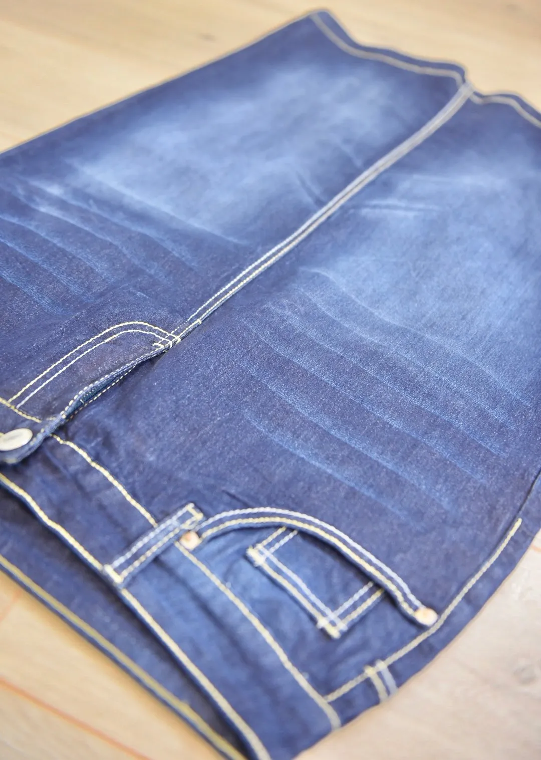 "Ella" Vintage Dark Indigo Calf Length Pencil Skirt With Embroidered Pocket