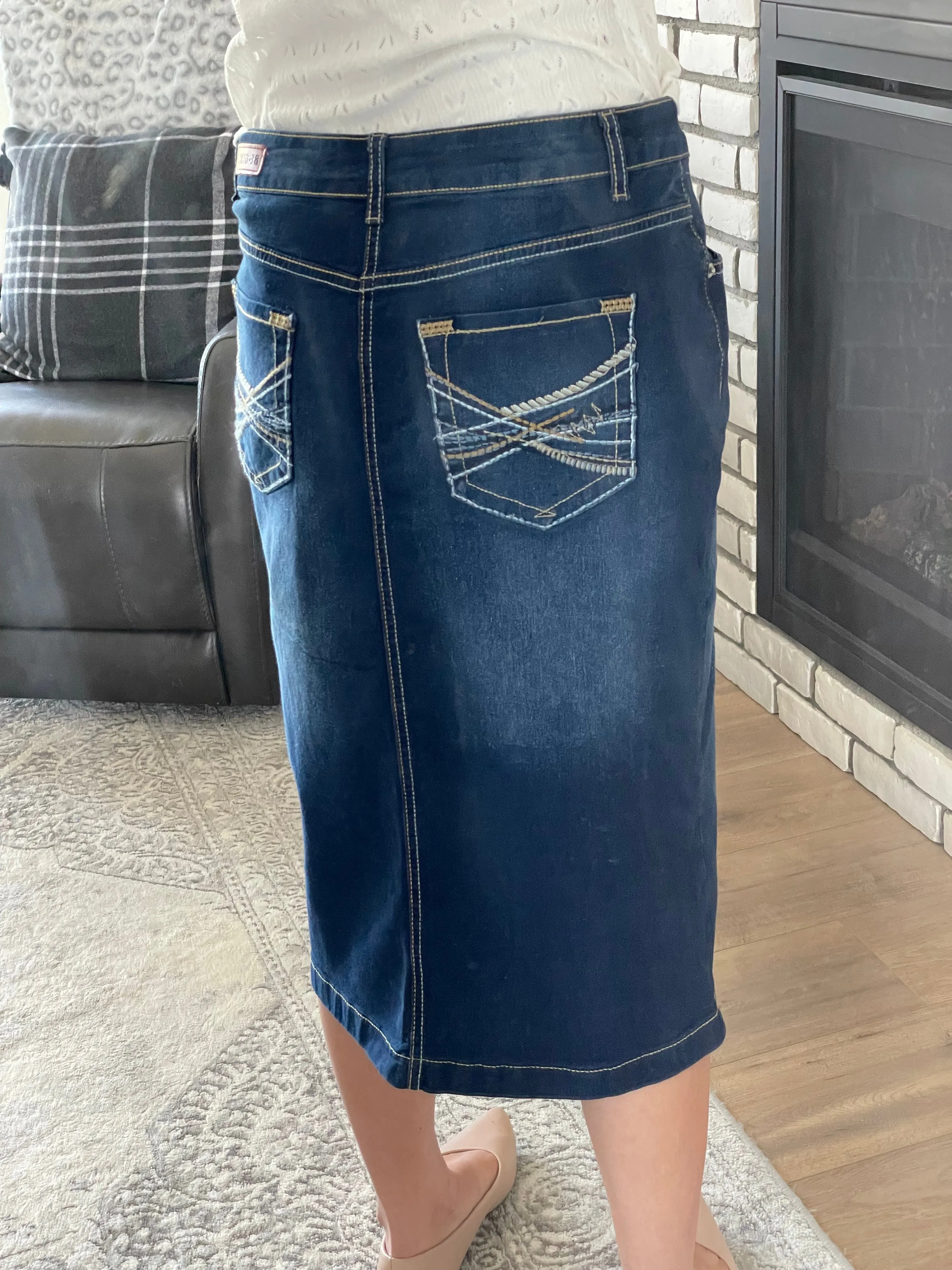 "Ella" Vintage Dark Indigo Calf Length Pencil Skirt With Embroidered Pocket