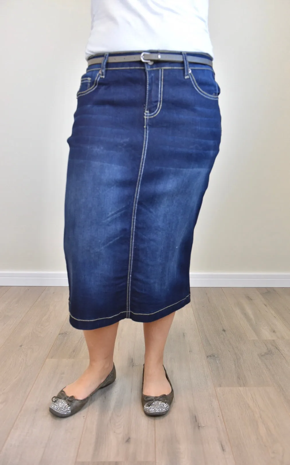 "Ella" Vintage Dark Indigo Calf Length Pencil Skirt With Embroidered Pocket