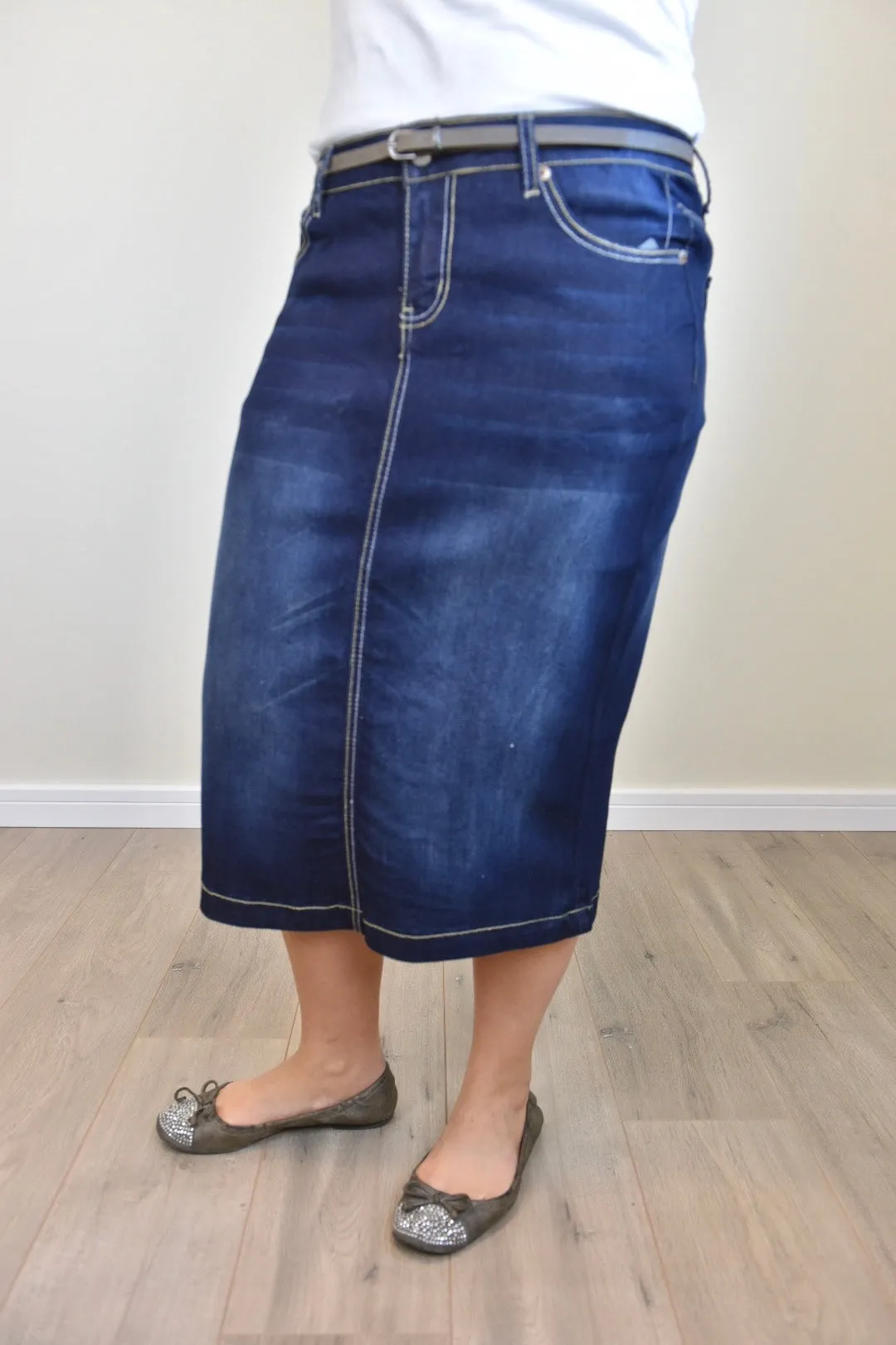 "Ella" Vintage Dark Indigo Calf Length Pencil Skirt With Embroidered Pocket