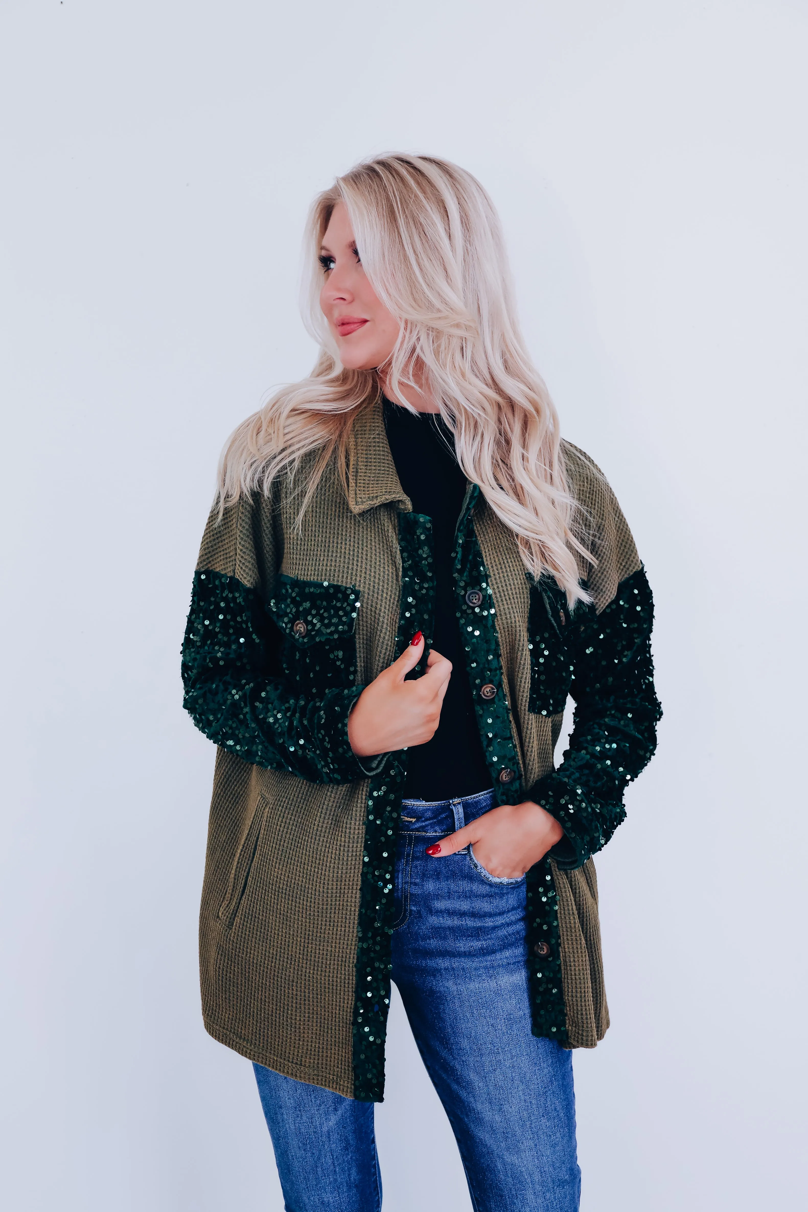 Sasha Sequin Accent Shacket - Olive