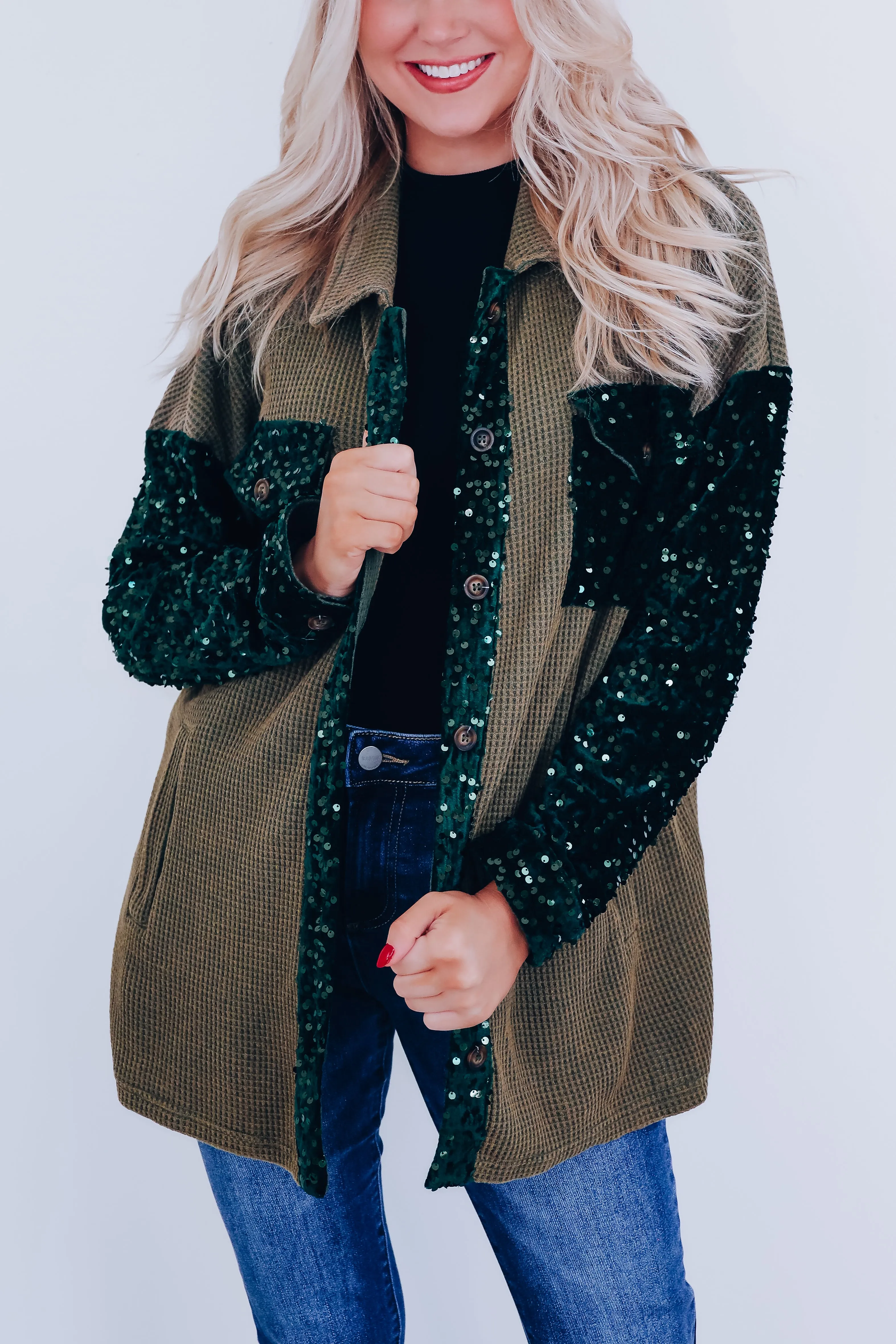 Sasha Sequin Accent Shacket - Olive