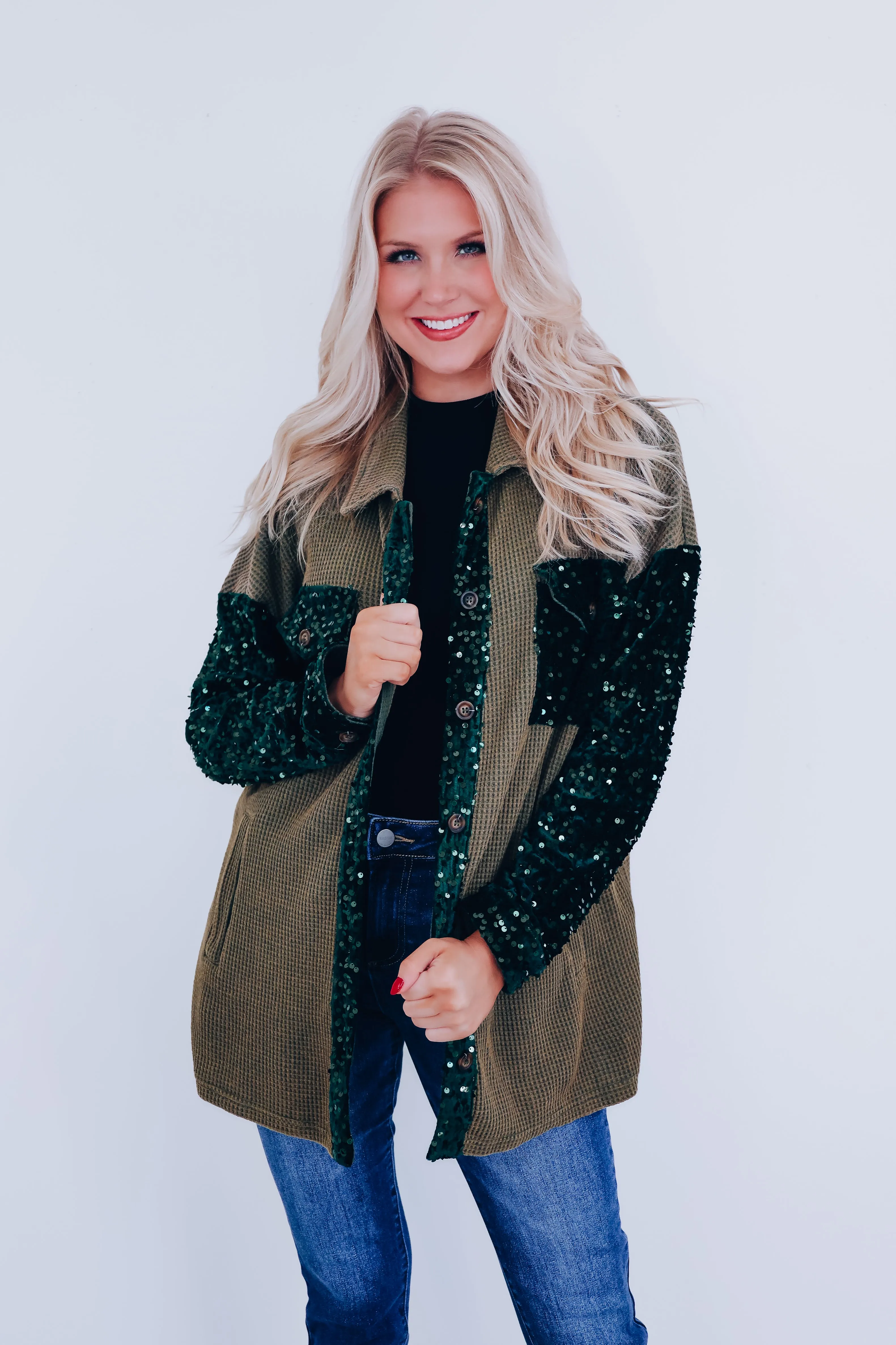 Sasha Sequin Accent Shacket - Olive