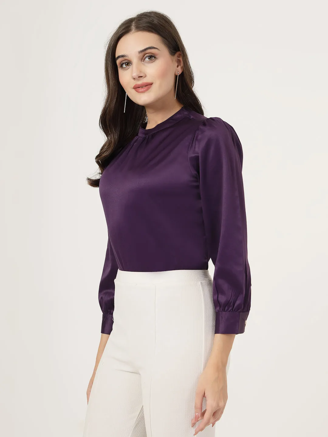 Style Quotient Women Solid Lavender Satin Regular Party Top