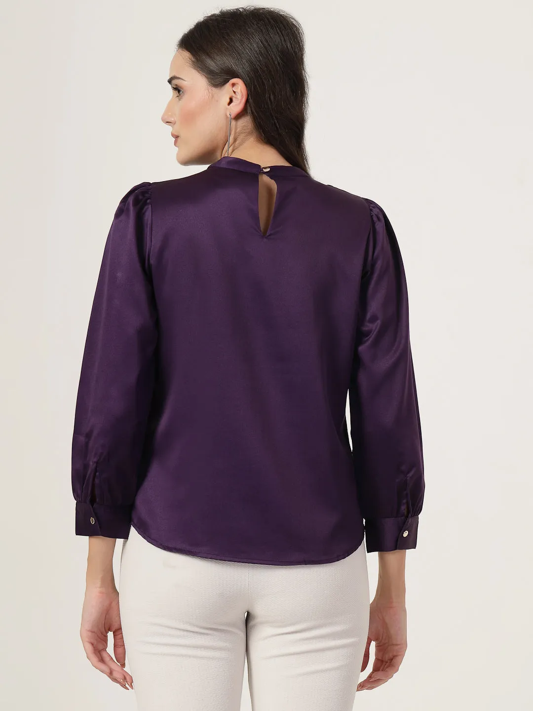 Style Quotient Women Solid Lavender Satin Regular Party Top
