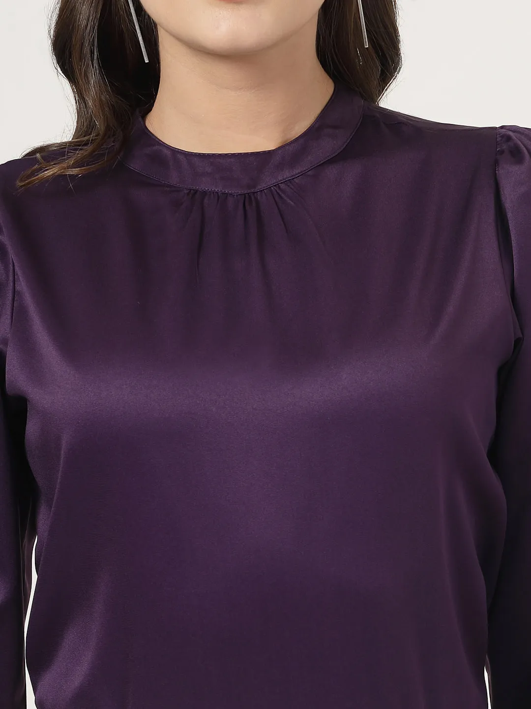 Style Quotient Women Solid Lavender Satin Regular Party Top
