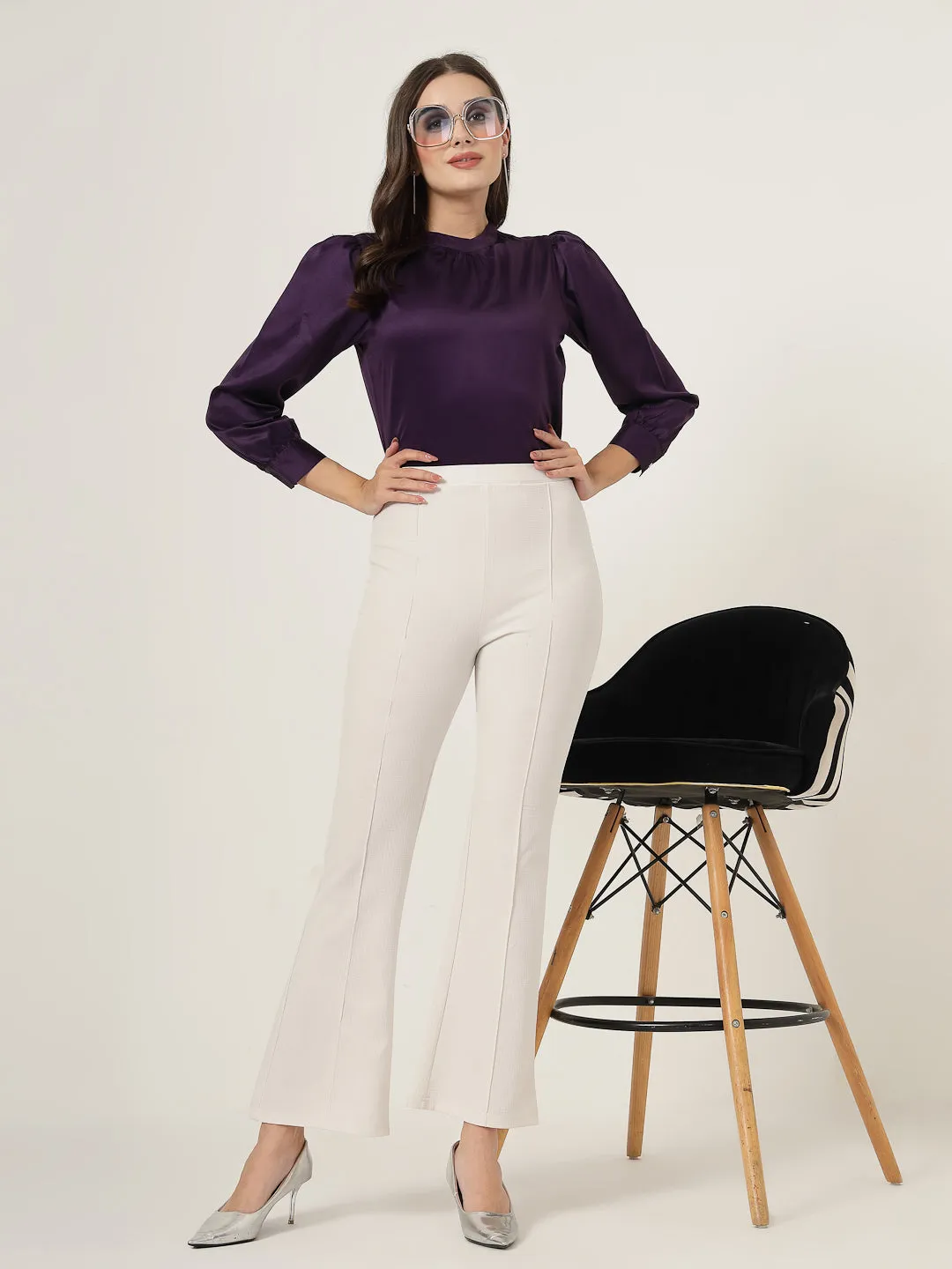 Style Quotient Women Solid Lavender Satin Regular Party Top