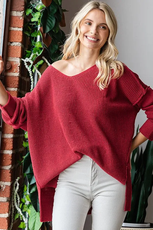 Wine V Neck Drop Shoulder Loose Fit Knitted Sweater